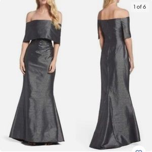 VINCE CAMUTO Silver Metallic Popover Off Shoulder Stretch Ruched Gown